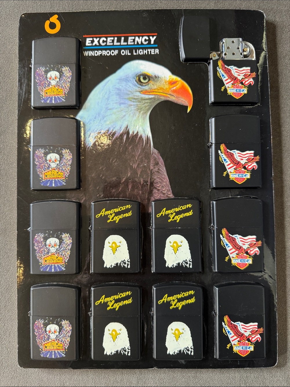 Vintage American Legend Windproof Oil Lighter Set of 12 Store Display 90’s NEW